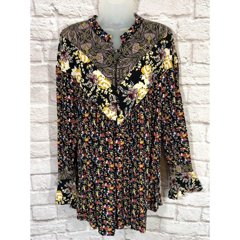 Free People Large Wildflower Fields Boho Mixed Print Hippie Festival Tunic Top